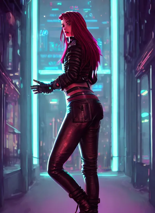 Image similar to pretty young woman with shoulder length shiny shimmering dark red hair and wearing a stuffed leather jacket with the glow of neon lights illuminating her, path traced, highly detailed, high quality, digital painting, by cd projekt red, cyberpunk,