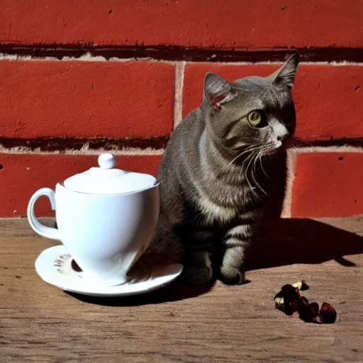 Prompt: british cat sipping on tea