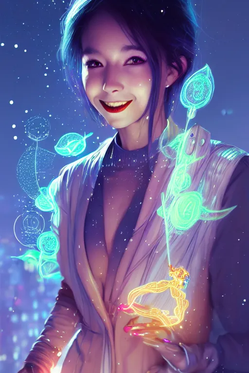 Image similar to portrait futuristic wizard Girl with fire and sparkles and firefly, lovely smile, in future cyberpunk tokyo rooftop , ssci-fi, fantasy, intricate, very very beautiful, elegant, human anatomy, human structure, neon light, highly detailed, digital painting, artstation, concept art, smooth, sharp focus, illustration, art by tian zi and WLOP and alphonse mucha