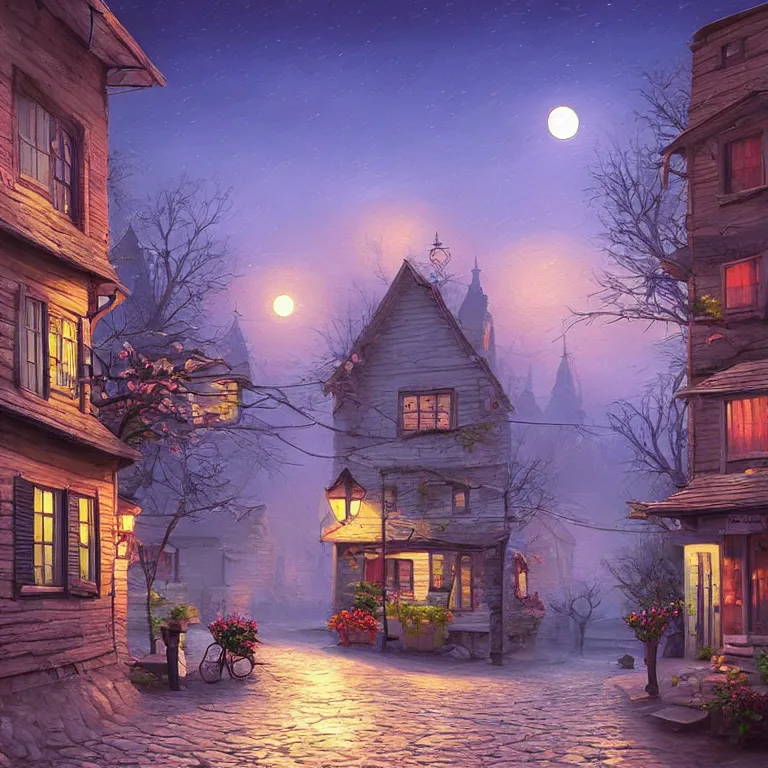 Image similar to town inspired by Evgeny Lushpin stores, cottages, streets, spring, midnight, full moon, cinematic,