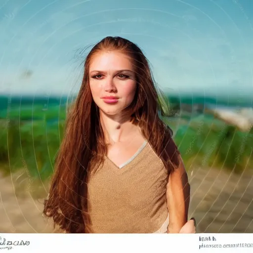 Image similar to Cute young woman, long shiny bronze brown hair, green eyes, cute freckles, soft smile, golden hour, beach setting medium shot, mid-shot