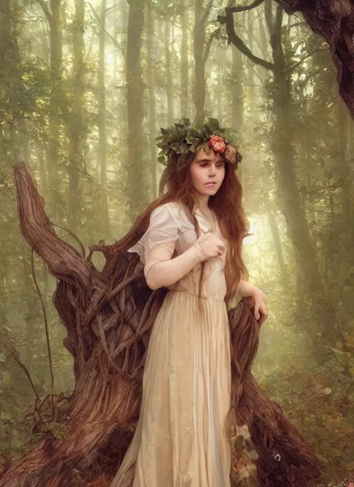 Prompt: portrait ellen page as fairy in the wood, full length shot, shining, 8k highly detailed, sharp focus, illustration, art by artgerm, mucha, bouguereau