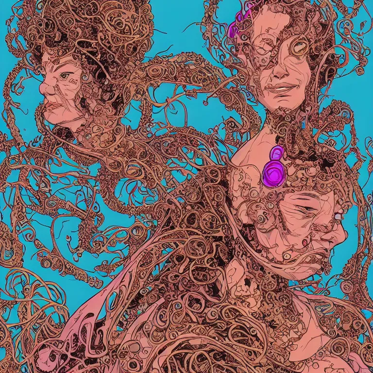 Image similar to portrait of a woman with swirling hair and fractal skin by geof darrow, retrofuturism, psychedelic art reimagined by industrial light and magic