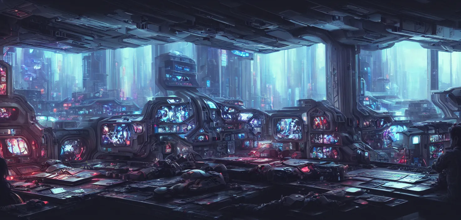 Image similar to a hyper detailed octane render concept art by xision wu, kerem beyit, sandara tang portrait of cyberpunk panel control spaceship room, dim lighting, detailed portraits, unreal engine 5, highly rendered, digital painting, hyper realistic, photo realistic, artstation, concept art, smooth, sharp focus perfect horizontal, symmetry illustration, detailed and intricate environment artstation hq