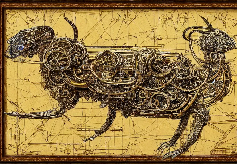 Prompt: schematic blueprint of highly detailed ornate filigreed convoluted ornamented elaborate cybernetic rat, wide wooden frame with gold leaf, art by da vinci