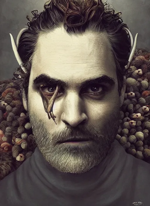 Image similar to a hyper detailed painting of an anthropomorphic joaquin phoenix as the king of animals, cow horns, pig nose, sheep wool, chicken feathers, horror, by anna podedworna, by miklos ligeti, by diego maricato, by taran fiddler, by antonino truisi, by chris reddie, on artstation