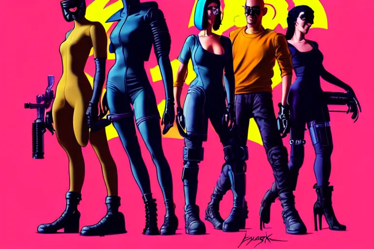 Image similar to cyberpunk heist crew. portrait by stonehouse and mœbius and will eisner and gil elvgren and pixar. character design. realistic proportions. dystopian. cyberpunk 2 0 7 7, apex, blade runner 2 0 4 9 concept art. cel shading. attractive face. thick lines. hi def 4 k. the team. detailed characters.