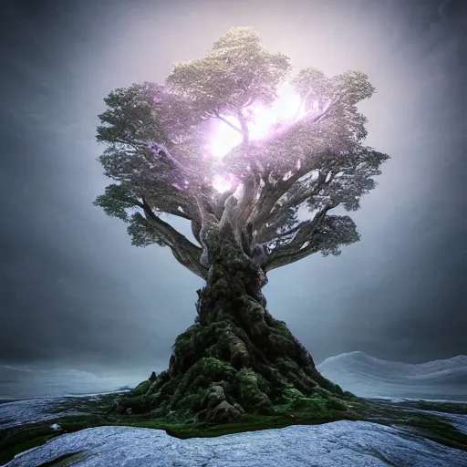 Image similar to full body pose, hyperrealistic photograph of the world tree, dim volumetric lighting, 8 k, octane beautifully detailed render, extremely hyper detailed, intricate, epic composition, cinematic lighting, masterpiece, trending on artstation, very very detailed, stunning, hdr, smooth, sharp focus, high resolution, award, winning photo, dslr, 5 0 mm