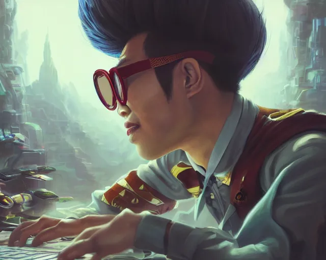 Image similar to an insanely detailed painting of a nerdy asian man wearing a superhero costume, sitting at a desk, staring at the nervously at the computer and typing, in the style of peter mohrbacher, dramatic lighting and composition, surreal background, octane render, pixar, trending on artstation, concept art, comic book, view from behind