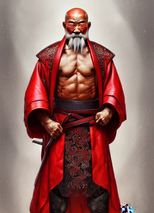Image similar to portrait of an old Chinese warrior man, muscular, red leather robes! intricate, elegant, highly detailed, digital painting, artstation, concept art, smooth, sharp focus, illustration, art by artgerm and greg rutkowski and alphonse mucha