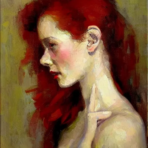 Image similar to profile of a girl with red hair, holding flowers joseph todorovitch