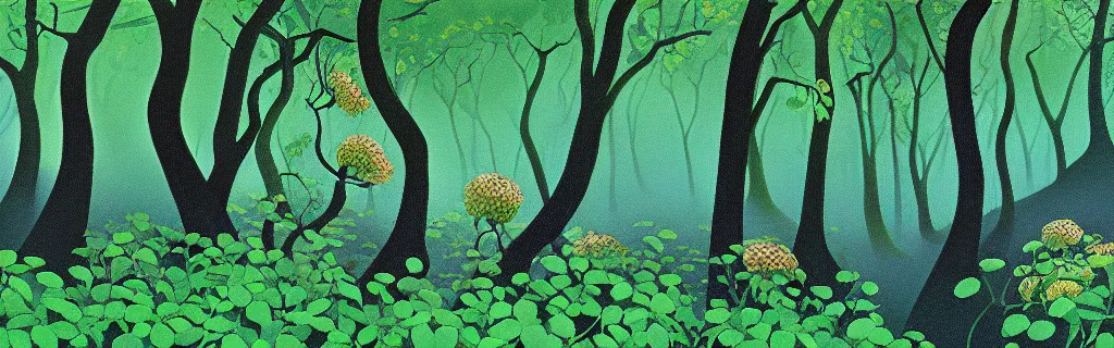 Prompt: forest with green roses, animated film, stylised, illustration, by eyvind earle, scott wills, genndy tartakovski