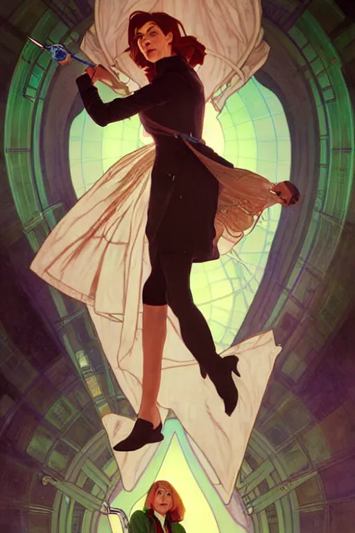 Image similar to doctor who, woman, as a mad dentist, on a plain green background, art by artgerm and greg rutkowski and alphonse mucha