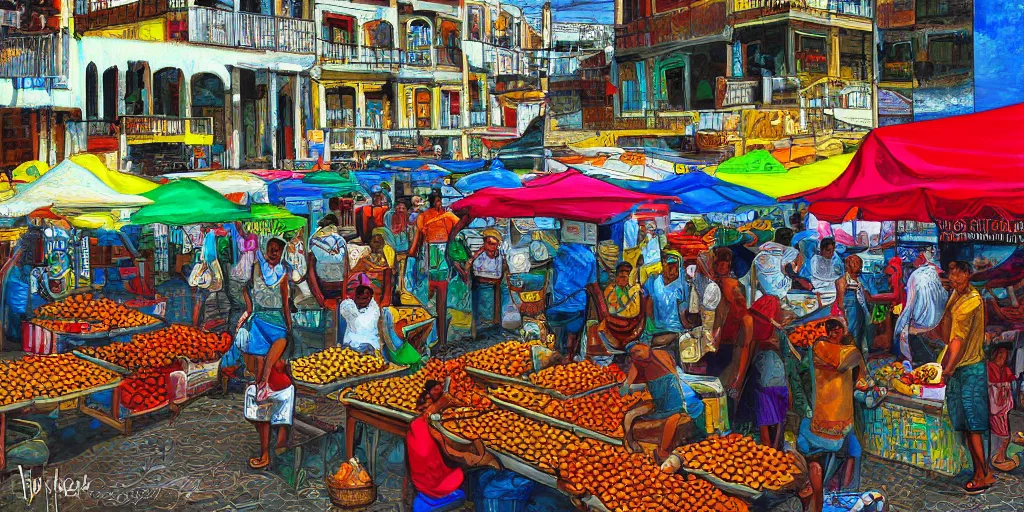 Prompt: prosperous markets in salvador bahia Brazil, digital painting