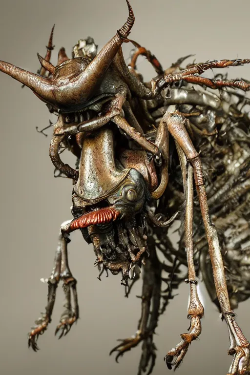 Image similar to photo taken of an epic intricate, ultra detailed, super realistic gritty, wet, slimy, lifelike sculpture of a nightmarish hellish insectoid creature created by weta workshop, menacing, some zoomed in shots, photorealistic, sharp focus, white wall coloured workshop, extremely cold blueish colour temperature, f 0. 4, full body shot, golden ratio