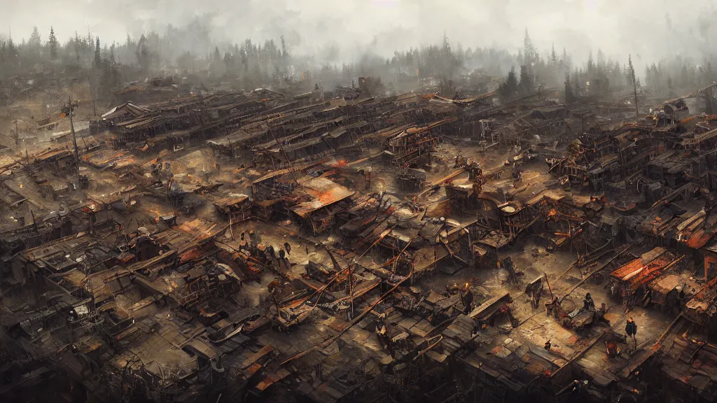 Prompt: top down view of lumberyard with lumberjacks, papyrus, watercolored, jakub rozalski, dark colours, dieselpunk, artstation