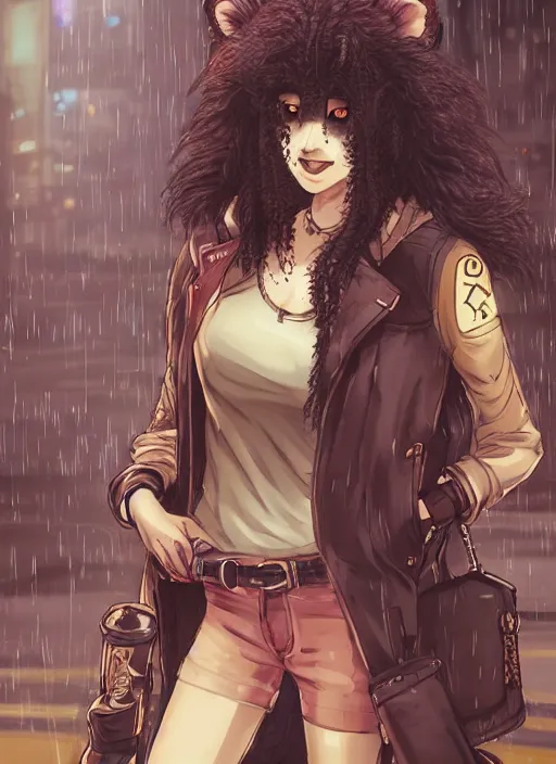 Image similar to character portrait of a female anthro hyena fursona with a cute beautiful attractive furry face and long black curly hair wearing stylish clothes in a cyberpunk city at night while it rains. hidari, color page, tankoban, 4K, tone mapping, Akihiko Yoshida.