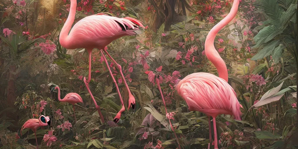 Image similar to breathtaking detailed concept art painting of the goddess of flamingo, orthodox saint, with anxious, piercing eyes, ornate background, amalgamation of leaves and flowers, by Hsiao-Ron Cheng and John James Audubon, extremely moody lighting, 8K