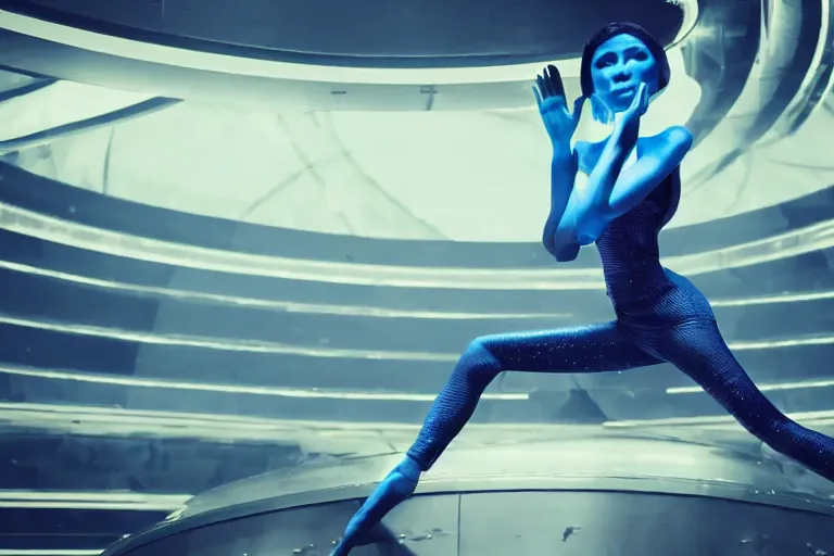 Prompt: vfx movie scene closeup portrait of beautiful blue skin fit alien woman dancing in in yoga pants in sleek futuristic decadent spaceship pillars, alien antenna, futuristic ballroom. big eyes, giant windows view of earth obit. by emmanuel lubezki