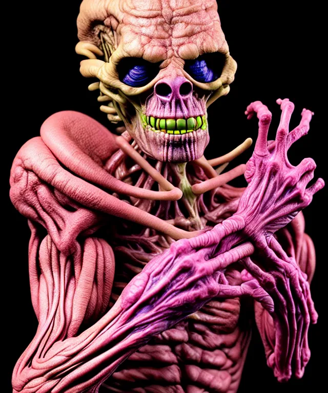 Image similar to hyperrealistic rendering, cronenberg flesh monster skeletor by art of skinner and richard corben and jeff easley, product photography, action figure, sofubi, studio lighting, colored gels