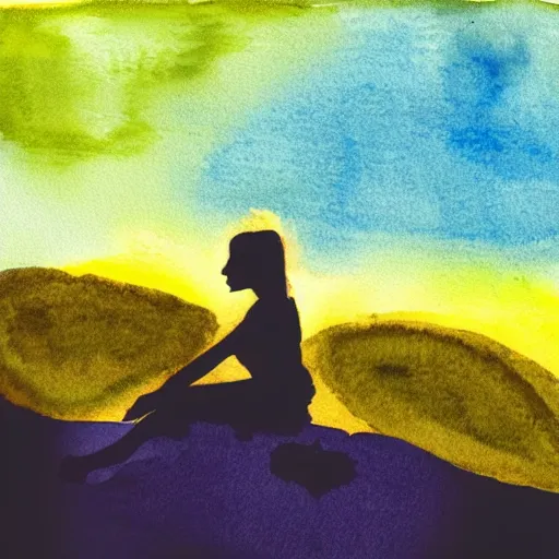 Prompt: water color sketch of woman in silhouette atop a hill overlooking a green expanse with a yellow-blue sky artistic stylish