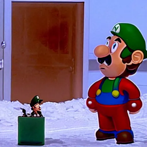 Image similar to a still of from the movie the thing ( 1 9 8 2 ) crossover with the game mario and luigi : partners in time