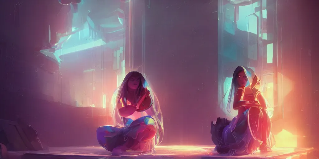 Prompt: beautiful young Himalayan woman, sitting in a prison cell, sad, futuristic, somber, iridescent sci-fi kimono, by Makoto Shinkai and Wojtek Fus, by studio trigger, rossdraws, ambient occlusion, clean lineart and color, vibrant