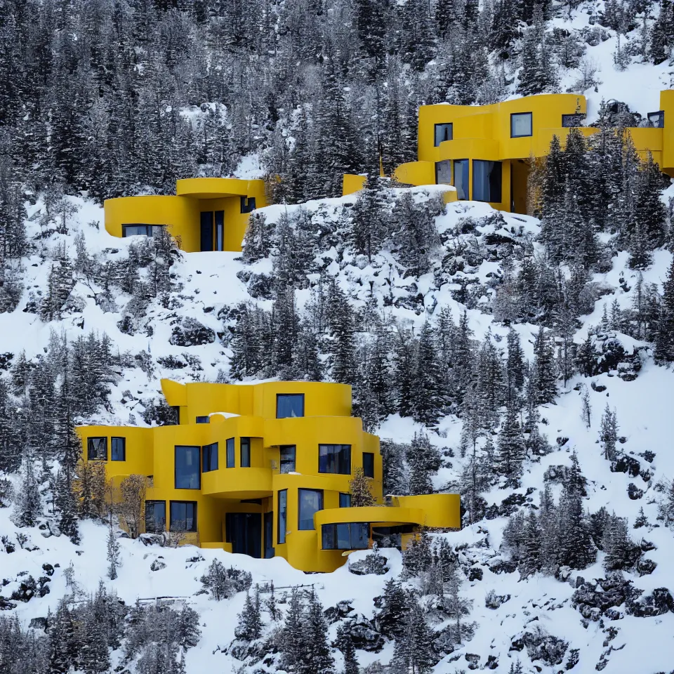 Image similar to a road leading to a mid-century modern house with large windows on top of a cliff in the arctic, covered with snow, designed by Frank Gehry. Big tiles. Film grain, cinematic, yellow hue