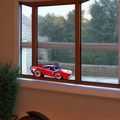 Image similar to Lightning McQueen-shaped balcony window from inside in the style of Lightning McQueen