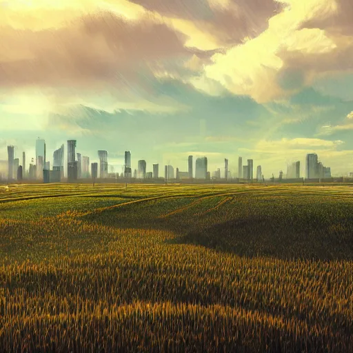 Prompt: Post-Singularity world, farm, field of grass, hyperfuturistic skyline in the distance, trending on Artstation