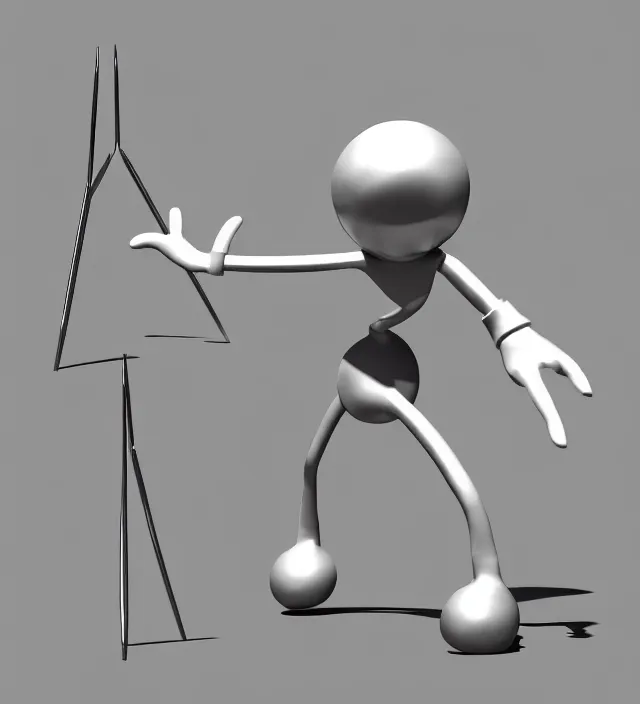 Image similar to 3 d studio render simplistic!!! minimalistic!!!! character concept for a cartoon metal character with a round metal head, a body made of metal poles, arms made of scissor arms, and white metal gloves. flexible!!!!! posing, dynamic!!! expressive!!! trending on artstation, octane render, unreal engine 5 render