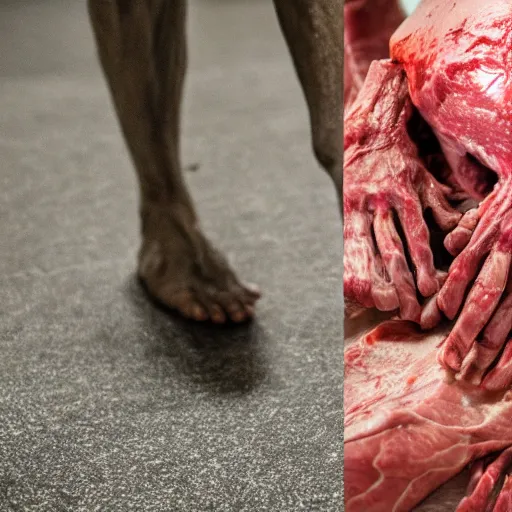 Image similar to an 8 k uhd digital photo of a zombie with crumpled on the bathroom floor showing raw elbows and bent knees and flesh and meat and tendon