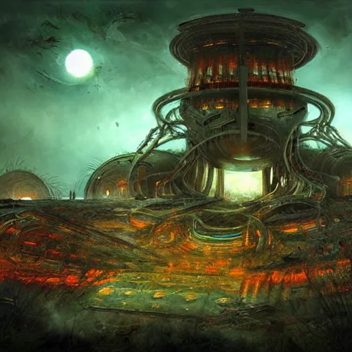 Image similar to abandoned alien temple made of circuits by raymond swanland, highly detailed, bright tones