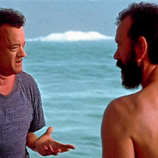 Image similar to Tom Hanks talking to a volley ball in the movie Castaway, cinematic, imdb, wikipedia,