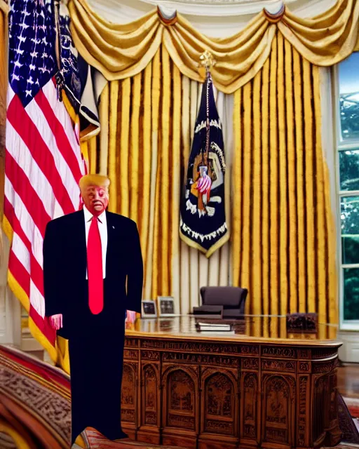 Prompt: donald trump full body painting at oval office, happy, smirk, by craig mullins, by dan mumford, by marc simonetti, atmospheric lighting, intricate, volumetric lighting, beautiful, rich deep colours masterpiece, golden hour, sharp focus, ultra detailed