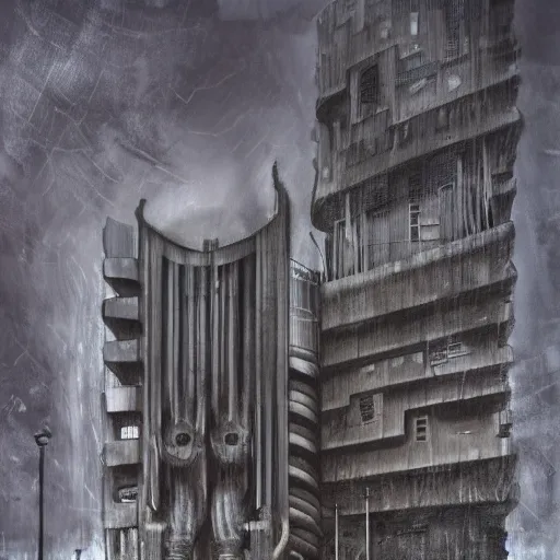 Prompt: outside a large orange biomechanical building, by h r giger, night, dimly lit, moody, creepy atmosphere, artstation