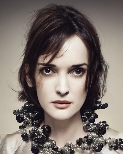 Image similar to beautiful young winona ryder wearing a futuristic metal kimono, half body portrait, greg kutkowski, sharp details, soft lighting, subsurface scattering, pearls of sweat, glistening skin, warm lighting