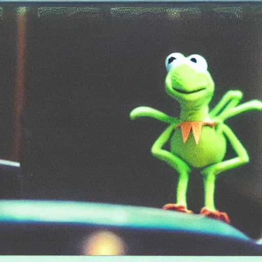 Image similar to polaroid shot of kermit the frog in the movie the matrix