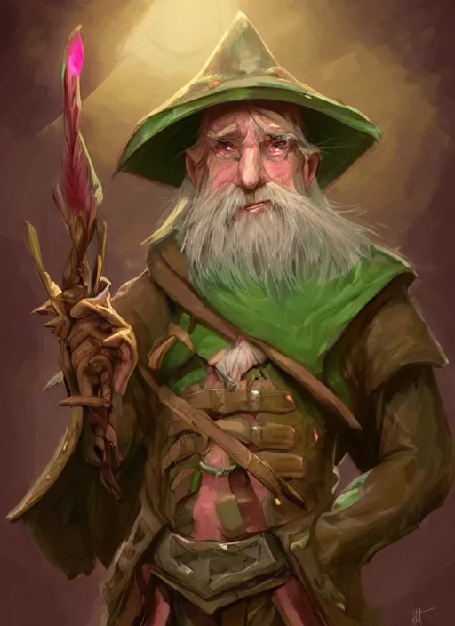 Image similar to old male wood elf hermit, has short straight white hair and green eyes, rough pink skin, lean build, triangular cute face, wears a fancy hat, dnd character art portrait, matte fantasy painting, deviantart artstation, by jason felix by steve argyle by tyler jacobson by peter mohrbacher, cinematic lighting