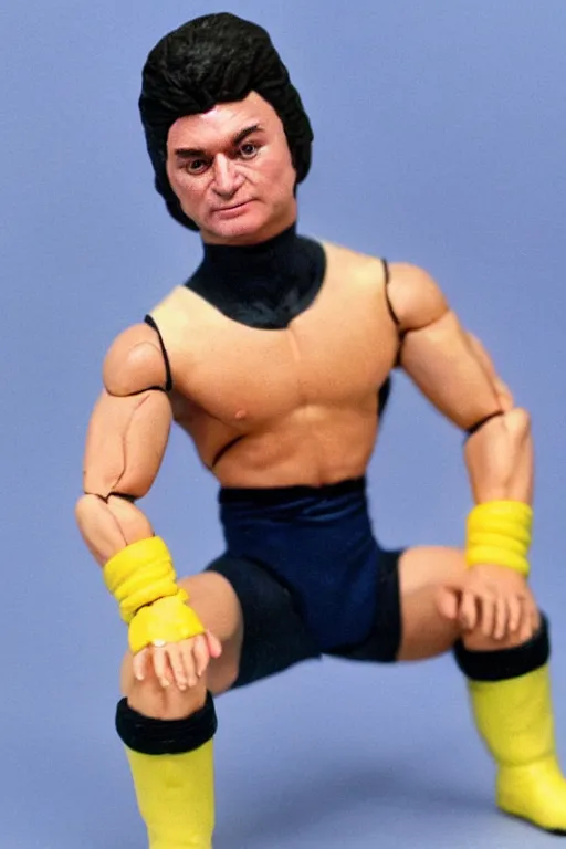 Prompt: [ ukrainian president volodymyr ] zelenskyy as a 1 9 8 0 s wrestling action figure, 🇺🇦,