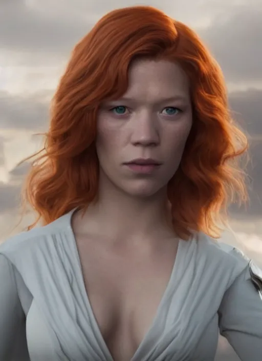 Image similar to lea seydoux portraying a beautiful mara jade from star wars legends, in a black suit, without lightsaber, movie, hyper realistic, hollywood promotional image, imax, 8 k