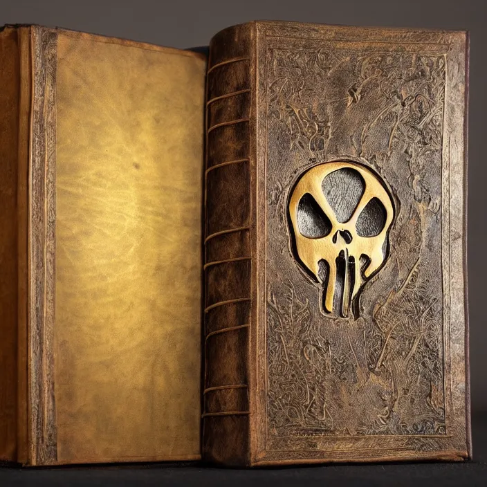 Prompt: ancient dimly lit fantasy punisher library with punisher leather bound book open to page featuring gold inlay punisher symbol. background light rays in dust