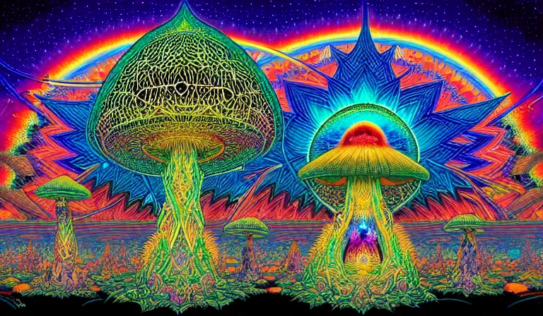 Image similar to an expansive rendering of beautiful and complex interwoven spiritual connection between all beings by dan mumford, by jim fitzpatrick, by joe wilson, by jim burns, by victo ngai, by jacek yerka, surrounded with colorful magic mushrooms and rainbowcolored marihuana leaves, insanely integrate, featured on deviant art, trending on artstation