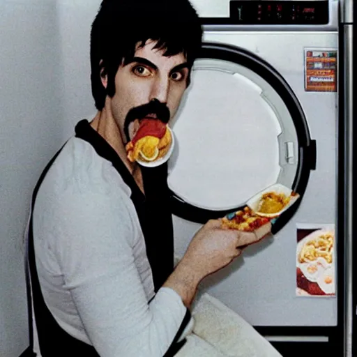 Image similar to Photo of Freddie Mercury eating ramen inside a washing machine, highly-detailed 4K award-winning