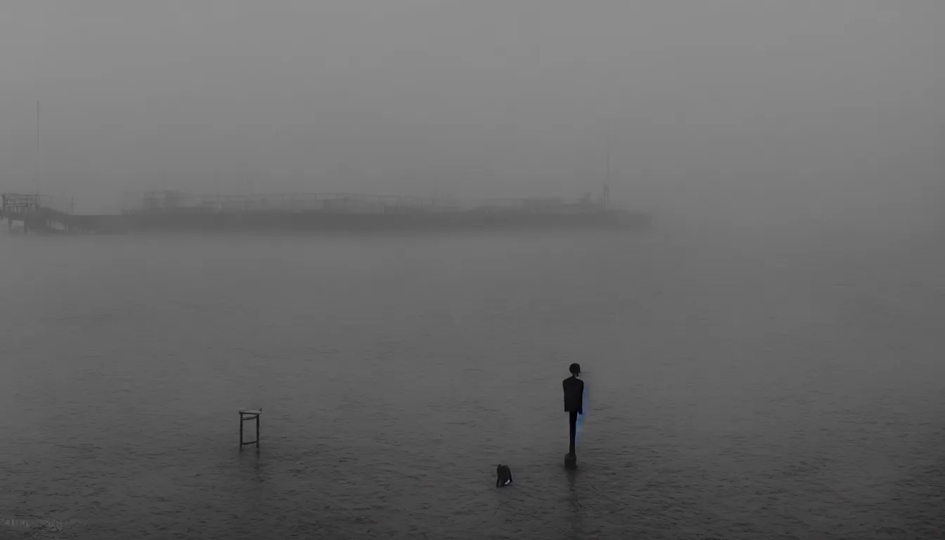 Prompt: 80s asian neon movie still with a lone man levitating over a pier by the river on early morning with city lights behind his back, ships passing by in the distance, Thin fog raising from river, Fallen angels movie still. hyperrealistic, photorealistic, high definition, medium format photography, highly detailed, tehnicolor, anamorphic 50mm lens