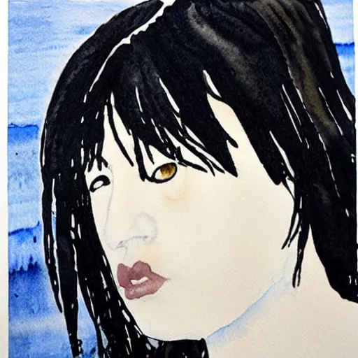 Prompt: Harry Weisburd Artwork Black Wet Hair, 2007 Watercolor, Hachishakusama (Eight-Feet-Tall) #One shot - Goddess