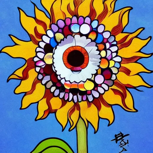 Image similar to sunflower art in the style of takashi murakami