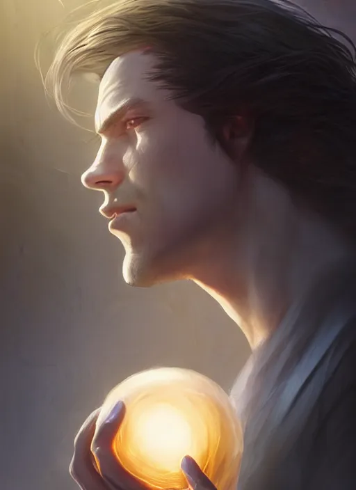 Prompt: side profile of a man with long black hair in brown rags holding a magical orb, fantasy, digital painting, volumetric light, intricate, sharp, focus, bloom, illustration, highly detailed, concept art, matte, art by anna dittmann and ilya kuvshinov and greg rutkowski, masterpiece