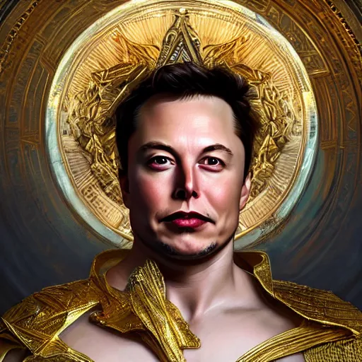 Image similar to portrait of Elon Musk as a greek god, marble statue, greek mythology, gold crown and filaments, intricate, headshot, highly detailed, digital painting, artstation, concept art, sharp focus, cinematic lighting, illustration, art by artgerm and greg rutkowski, alphonse mucha, cgsociety