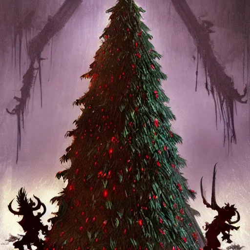 Image similar to a lonely christmas tree surrounded by krampus like monsters, nighttime, dark, surroundings are illuminated by the christmas tree, eerie, in the style of craig mullins